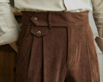 Men Brown Corduroy High Waist Trousers | Pleated Pant | Classic Pants Gift for Men