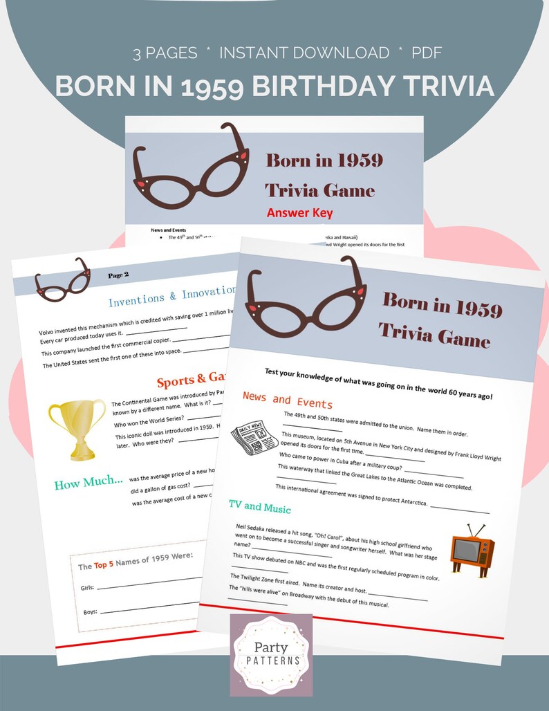Born in 1959 Birthday Trivia Game - Etsy Singapore