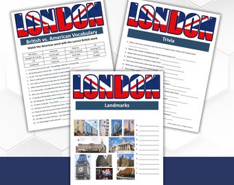 Paquete de juegos de Londres / Juego de preguntas y respuestas, concurso de lugares emblemáticos, juego de vocabulario estadounidense versus británico