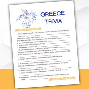 May include: A white sheet of paper with the title "GREECE TRIVIA" in blue, featuring a blue illustration of a vase with a plant. The trivia questions are about Greek history, culture, and geography. The paper has a decorative border.