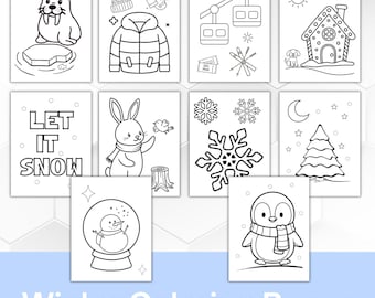 May include: A selection of winter-themed colouring pages. The pages feature line drawings of a walrus, a winter coat, a ski lift, a house, the text "Let It Snow", a rabbit, snowflakes, a Christmas tree, a snow globe, and a penguin.