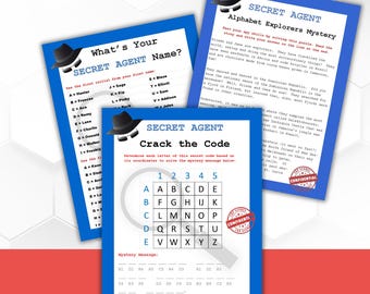 May include: Three printable activity sheets for kids featuring a secret agent theme. The first sheet asks "What's Your Secret Agent Name?" and has a list of names with corresponding letters. The second sheet is titled "Secret Agent Crack the Code" and has a grid with letters and numbers. The third sheet is titled "Secret Agent Alphabet Explorers Mystery" and has a story about a secret agent's travels.