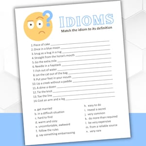 Op de afbeelding: Een wit papier met de blauwe titel "IDIOMS", met een bijpassend spel. Het spel bevat een lijst met idiomen en definities om te matchen. Een gele emoji met een vraagteken staat in de linkerbovenhoek.