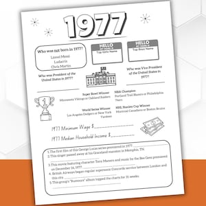 Könnte beinhalten: Schwarz-weiß bedrucktes Blatt mit dem Jahr "1977" oben. Enthält Quizfragen über das Jahr, wie den Super Bowl-Gewinner, den Mindestlohn und bemerkenswerte Ereignisse. Mit leeren Feldern für Namen.