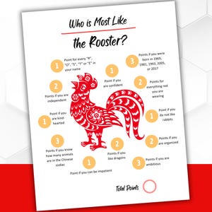 Puede incluir: Una hoja de papel blanca con el título "Who is Most Like the Rooster?" y una ilustración de gallo rojo. La hoja contiene preguntas para determinar los rasgos de personalidad.