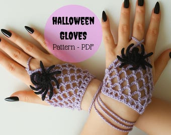 May include: Crocheted lavender fingerless gloves with a spider design. The gloves are connected by a string and feature a black spider on each glove. The image includes the text "HALLOWEEN GLOVES Pattern - PDF".