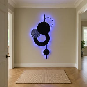 Metalen cirkelvormige geometrische muurkunst met led-achtergrondverlichting: moderne metalen muurdecoratie voor woonkamer, moderne minimalistische wanddecoratie voor thuis en op kantoor