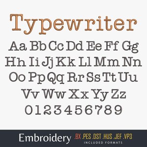 Peut inclure: Un ensemble complet d'alphabet et de chiffres en police de machine à écrire. Le mot "Typewriter" est de couleur cuivre, tandis que les lettres et les chiffres sont gris foncé. L'image comprend également le mot "Embroidery" et les extensions de format de fichier.