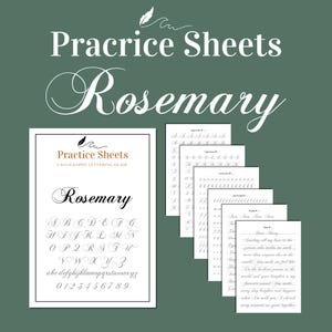 May include: A calligraphy lettering guide titled "Rosemary" with practice sheets. The guide includes uppercase and lowercase alphabets, numbers, and sample text. The background is a dark green color.