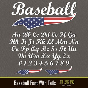 Peut inclure: Police d'écriture blanche avec le mot "Baseball" et un motif stylisé du drapeau américain. L'image comprend l'alphabet complet, les chiffres et le texte "Baseball Font With Tails."