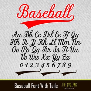 May include: A baseball-themed font with a red and white "Baseball" header. The font includes uppercase and lowercase letters, numbers 0-9, and decorative tails. The font is available in TTF, SVG, and PNG formats.