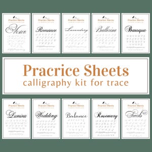 May include: A calligraphy practice kit with ten different practice sheets. Each sheet features a different font style, including "Vision," "Romance," and "Ballerina." The kit includes the text "Practice Sheets calligraphy kit for trace."
