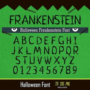 May include: A Halloween-themed font with a stitched design, featuring the word "FRANKENSTEIN" at the top. The font includes uppercase letters, numbers, and the text "Halloween Frankenstein Font." The background is green with a dark brown border.