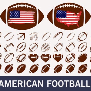 Könnte beinhalten: Eine Sammlung von Illustrationen von American Football. Zwei Fußbälle zeigen die amerikanische Flagge, eine rechteckig und die andere in der Form der USA. Weitere Designs umfassen Umrisse und herzförmige Fußbälle. Der Text "AMERICAN FOOTBALL" steht unten.