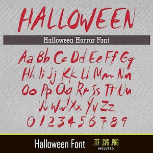Könnte beinhalten: Eine rote Halloween-Schriftart mit Horror-Thema. Die Schriftart enthält Groß- und Kleinbuchstaben sowie die Zahlen 0-9. Die Schriftart wird auf grauem Hintergrund mit den Worten "Halloween Horror Font" über dem Alphabet angezeigt.