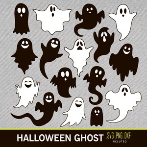 Pode incluir: Uma coleção de ilustrações de fantasmas em preto e branco com várias expressões e formas. A frase "HALLOWEEN GHOST" é exibida em negrito na parte inferior da imagem, juntamente com informações sobre o tipo de arquivo.
