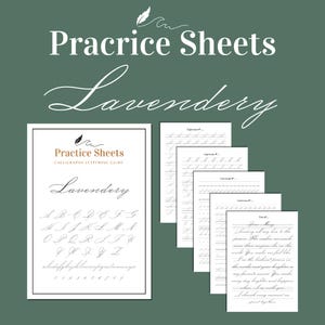 May include: Calligraphy practice sheets with the word "Lavendery" in elegant script. The sheets include uppercase and lowercase letter guides, and a sample letter. The background is a muted green.