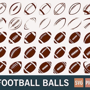 May include: A collection of brown and white football illustrations in various angles and styles. The image includes the text "FOOTBALL BALLS" in white letters on a dark teal background, along with "SVG" and "PNG" icons.