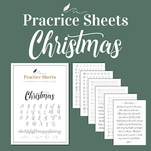 Può includere: Fogli di pratica di calligrafia con la parola "Christmas" in elegante corsivo. La guida include l'alfabeto e parole di pratica. Fogli aggiuntivi offrono pratica per vari stili di scrittura e citazioni.