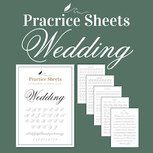 Könnte beinhalten: Kalligraphie-Übungsblätter für Hochzeiten. Das Hauptblatt zeigt das Wort "Wedding" in eleganter Schrift, zusammen mit dem Alphabet und Zahlen. Zusätzliche Blätter zeigen Übungszeilen und Beispielsätze, alles vor einem grünen Hintergrund.