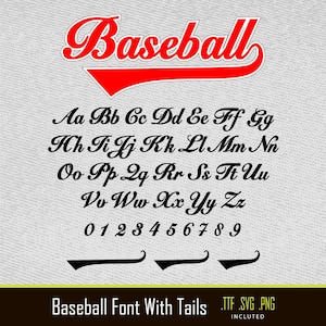 May include: A digital baseball font with a red "Baseball" script logo. The font includes uppercase and lowercase letters, numbers, and decorative tails. The font is available in .TTF, .SVG, and .PNG formats.