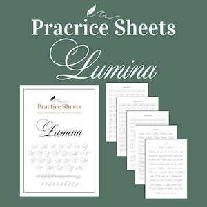 May include: A collection of calligraphy practice sheets with the word "Lumina" in elegant script. The sheets include uppercase and lowercase alphabets, numbers, and example text. The background is a muted green.