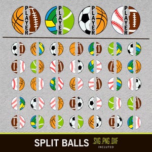 May include: A collection of split sports balls, including basketball, football, soccer, baseball, and tennis, with the word "PLAYER" on the side. The image features a variety of color combinations and designs, perfect for sports enthusiasts.