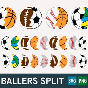 Może przedstawiać: Projekt graficzny przedstawiający różne piłki sportowe, w tym koszykówkę, piłkę nożną, baseball i piłkę nożną, podzielone na pół. Projekt zawiera tekst "BALLERS SPLIT" oraz wskaźniki typu pliku SVG i PNG.