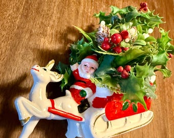Vintage Kimple Large Ceramic Santa Sleigh With Mini Christmas Tree