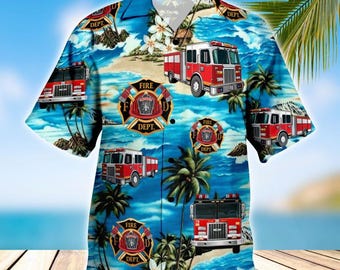 Camisa hawaiana de bombero con diseño tropical del Departamento de Bomberos