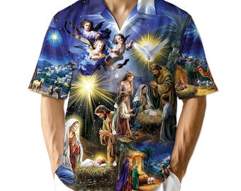 Chemise hawaïenne de Jésus est né, chemise religieuse de Noël Aloha