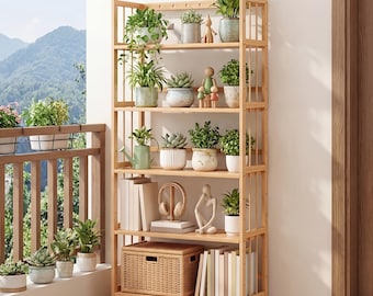Bamboo Bookshelf Adjustable Shelves | 4-5 Tier Narrow Bookcase | Small Space Organizer | Bedroom Living Room Office Shelf | Eco Boho Decor