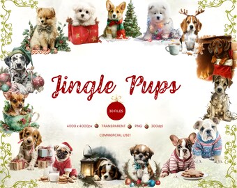 May include: A digital illustration featuring various breeds of puppies in festive holiday settings. The image includes the text "Jingle Pups" in red script, along with details about the file type and usage.