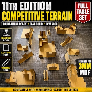 Op de afbeelding: Een volledige set lasergesneden competitief terrein gemaakt van 3 mm MDF. De set bevat diverse modulaire muur- en gebouwstructuren ontworpen voor 11e editie tabletop gaming, inclusief DXF- en SVG-bestanden voor de montage.