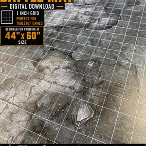 May include: A digital download wargaming battle mat featuring a gray, weathered stone texture with a white 1-inch grid overlay. The text reads WARGAMING BATTLE MAT DIGITAL DOWNLOAD, 1 INCH GRID, 44" x 60" SIZE, INSTANT DOWNLOAD, HIGH QUALITY, and BRING YOUR BATTLEFIELD TO LIFE.