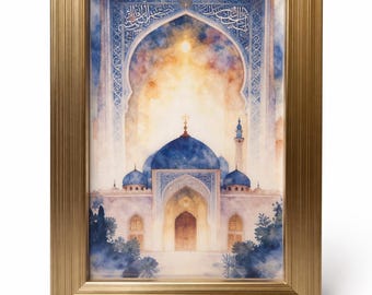 May include: Watercolor painting of a mosque with blue domes and minarets, set against a warm, glowing sky. The artwork is framed in a gold-colored rectangular frame, creating a serene and artistic aesthetic.