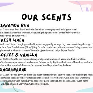May include: A white background with the text "OUR SCENTS" in black. Below, descriptions of candle scents: Cinnamon Bun, Fresh Linen, Coffee & Vanilla, and Gingerbread. The descriptions are in black text.