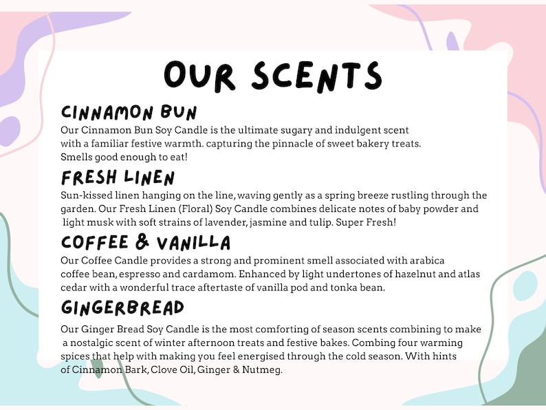 May include: A white background with the text "OUR SCENTS" in black. Below, descriptions of candle scents: Cinnamon Bun, Fresh Linen, Coffee & Vanilla, and Gingerbread. The descriptions are in black text.