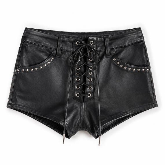 Women Black Leather Shorts Front Lace Up Studded Pockets | Low Rise Mini Shorts | Punk Rock Biker Festival Wear