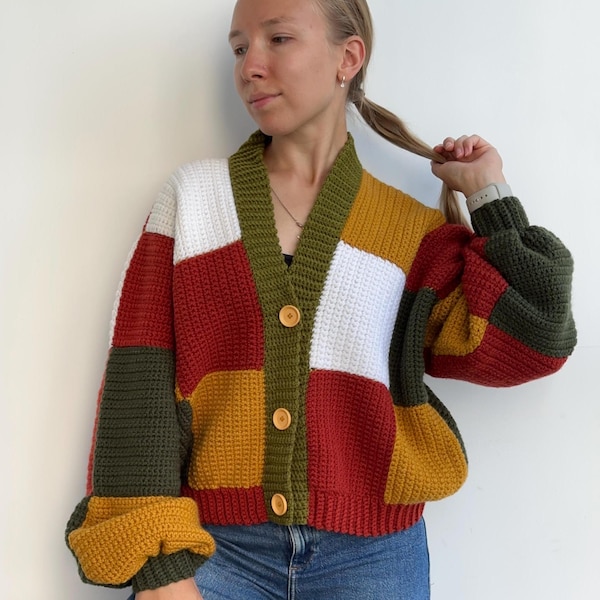 Crocheted plaid cardigan, crochet patchwork cardigan