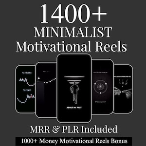 May include: A dark grey graphic with the text "1400+ MINIMALIST Motivational Reels" in white. Five black smartphone screens display minimalist motivational graphics. The text "MRR & PLR Included" and "1000+ Money Motivational Reels Bonus" are also present.