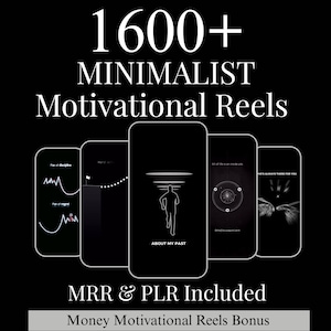 以下が含まれることがあります： 「1600+ MINIMALIST Motivational Reels」のテキストが入った黒いグラフィック。5つのスマートフォン画面には、ミニマリストのモチベーションデザインが表示されています。「MRR & PLR Included」と「Money Motivational Reels Bonus」のテキストも含まれています。