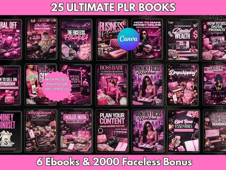 Boss Girl PLR eBook bundle with editable Canva templates, bonus eBooks and faceless reels for digital product sellers.