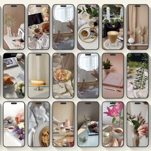 May include: A collection of phone screen images featuring various aesthetic scenes. The images showcase coffee, pastries, flowers, and work-from-home setups. The color palette is soft, with beige, white, and pink tones, creating a cozy and inviting atmosphere.