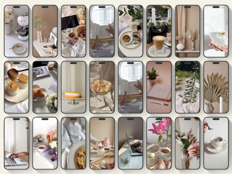 May include: A collection of phone screen images featuring various aesthetic scenes. The images showcase coffee, pastries, flowers, and work-from-home setups. The color palette is soft, with beige, white, and pink tones, creating a cozy and inviting atmosphere.