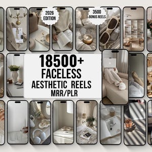 Peut inclure: Une collection numérique de plus de 18500 vidéos esthétiques sans visage pour l'édition 2026, incluant 3500 vidéos bonus avec droits MRR/PLR. L'affichage présente plusieurs écrans de smartphone montrant des images lifestyle aux tons neutres.