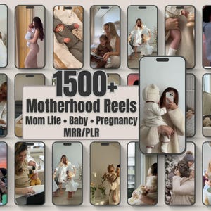 Puede incluir: Una colección de pantallas de teléfonos inteligentes que muestran imágenes relacionadas con la maternidad. Las pantallas muestran varias escenas de madres con bebés, niños y contenido relacionado con el embarazo. El gráfico central dice "1500+ Motherhood Reels, Mom Life, Baby, Pregnancy, MRR/PLR."