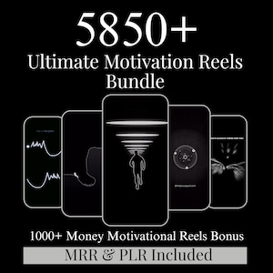 以下が含まれることがあります： 「5850+ Ultimate Motivation Reels Bundle」と「1000+ Money Motivational Reels Bonus」のテキストが入った黒いグラフィック。 黒い背景に、モチベーションを高めるグラフィックが白で表示された5つのスマートフォンの画面が表示されています。