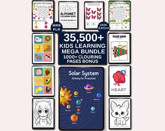 May include: A collection of digital educational resources for kids, including mazes, coloring pages, and puzzles. The bundle features an alphabet coloring book, a solar system activity, and a heart diagram. The title reads "35,500+ KIDS LEARNING MEGA BUNDLE".