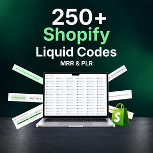 May include: A laptop displaying a list of code files, surrounded by floating rectangular banners with text including Coupon Deal and Buy 3 Pay 2. The text 250+ Shopify Liquid Codes MRR & PLR appears above, with a green Shopify shopping bag icon.